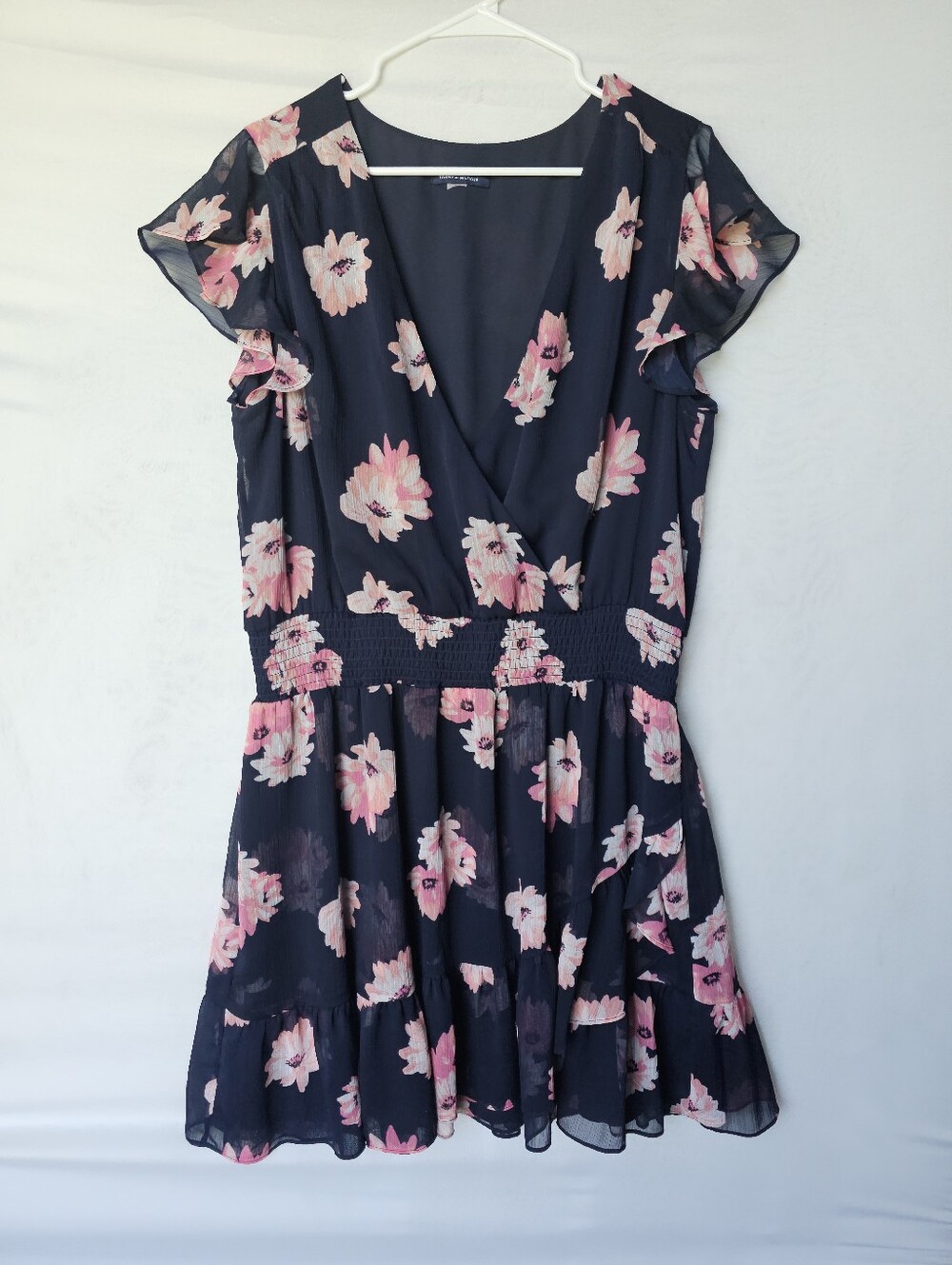 Tommy Hilfiger Navy Blue Pink Floral Faux Wrap Dress Flutter Sleeve XL / 14-16 - Picture 4 of 16